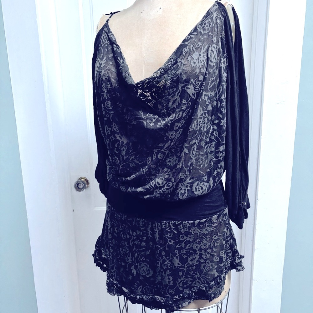 AVALON IBIZA 100% BLACK LACE COLD SHOULDER CUT OUT MINI CLUB DRESS SIZE LARGE